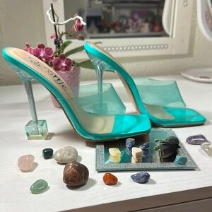 Green High-Heeled Sandals with Transparent Strap